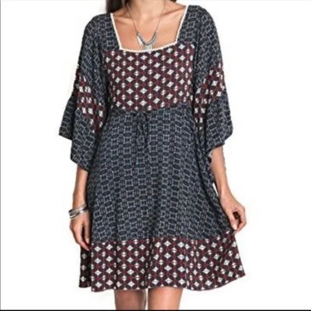 Umgee Boho Patchwork Mini Dress Ruffle Sleeve Pea… - image 2